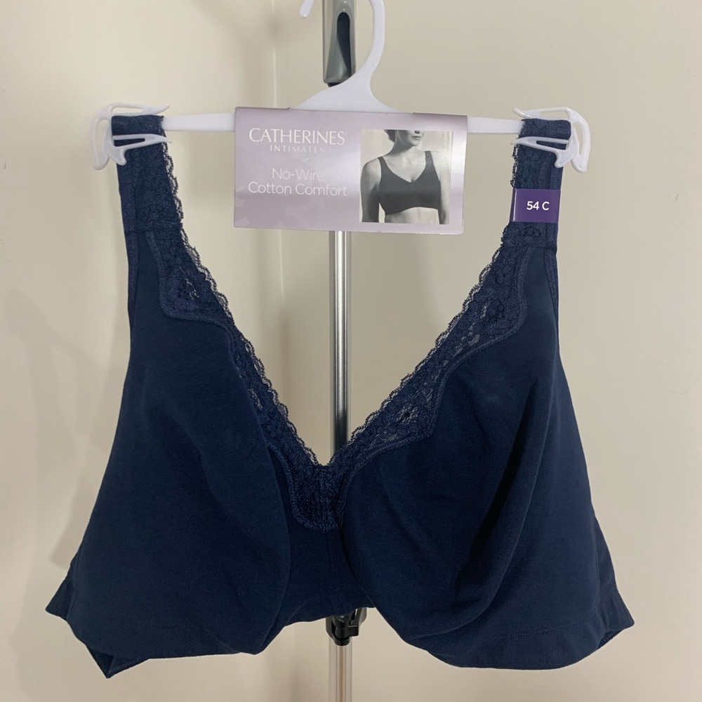New Plus Size No Wire Cotton Comfort Lace Bra Navy - Picture 9 of 16